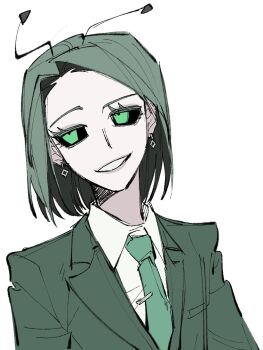 1girl :d arms_at_sides black_sclera bob_cut collared_shirt colored_eyelashes colored_sclera commentary_request curtained_hair dandy's_world earrings facing_viewer flat_chest forehead green_eyes green_hair green_necktie grey_jacket grin hair_behind_ear highres humanization jacket jewelry jitome korean_commentary lips looking_to_the_side necktie open_mouth pale_skin radio_antenna roblox ron_just000 shirt short_hair smile solo swept_bangs tie_clip upper_body vee_(dandy's_world) white_shirt