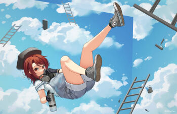 1girl black_socks bucket commentary door fake_sky grey_hat grey_shoes hat highres holding ladder mask ndtwofives newsboy_cap original overall_shorts overalls paint red_eyes red_hair respirator roller_brush shirt shoe_soles shoes short_sleeves socks solo spray_can surreal white_shirt