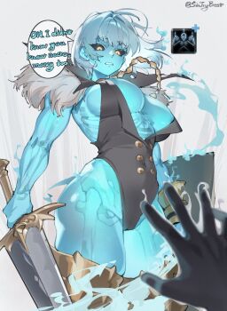 1girl artist_name breasts cameltoe commentary english_commentary english_text floating_hair glowing glowing_eyes highres holding holding_shield holding_sword holding_weapon large_breasts leg_armor original pov pov_hands shield sin_(sintrybest) skeleton sword twitter_username weapon white_hair white_mouth