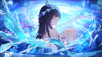 1girl absurdres bad_link bare_back bare_shoulders bath bathing black_hair blue_eyes completely_nude convenient_censoring game_cg gradient_hair hair_ornament highres honkai:_star_rail honkai_(series) hydrokinesis hysilens_(honkai:_star_rail) indoors light_frown long_hair looking_at_viewer looking_back multicolored_hair nude official_art partially_submerged red_hair shoulder_blades solo sparkle tiles two-tone_hair very_long_hair water water_drop