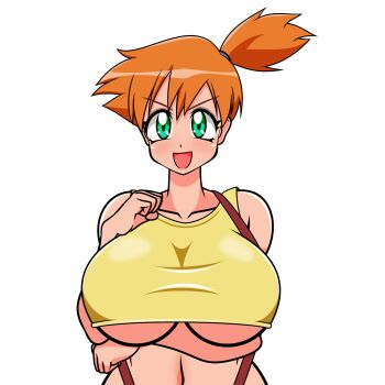 1girl :d arm_under_breasts asymmetrical_hair bare_shoulders blush breasts collarbone crop_top green_eyes hair_tie hayakawakenn highres huge_breasts large_breasts looking_at_viewer misty_(pokemon) navel nintendo open_mouth orange_hair pokemon pokemon_(anime) pokemon_(classic_anime) ponytail retro_artstyle shirt short_hair side_ponytail simple_background smile solo sparkle suspenders tank_top thighs underboob upper_body v-shaped_eyebrows yellow_shirt yellow_tank_top