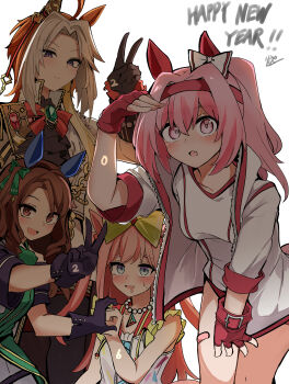 4girls absurdres agnes_digital_(full-color_fangirling)_(umamusume) agnes_digital_(umamusume) animal_ears black_gloves brown_hair ear_covers gloves haru_urara_(bestest_prize)_(umamusume) haru_urara_(umamusume) high_ponytail highres horse_ears horse_girl jacket king_halo_(king_of_emeralds)_(umamusume) king_halo_(umamusume) long_hair looking_at_viewer multicolored_hair multiple_girls open_clothes open_jacket orange_hair orfevre_(control)_(umamusume) orfevre_(umamusume) pink_eyes pink_hair ponytail purple_eyes red_eyes shi_(kamokamo910) short_hair smile two-tone_hair umamusume v white_hair white_jacket