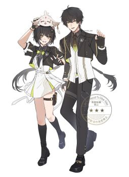 02110623_shhh 1boy 1girl abby_(wuthering_waves) black_gloves black_hair black_jacket black_pants black_shirt black_shoes black_socks bow bowtie collared_shirt commentary cropped_jacket dress dual_persona female_rover_(perpetual_spark)_(wuthering_waves) female_rover_(wuthering_waves) fingerless_gloves full_body gloves gradient_necktie grin highres jacket kneehighs layered_shirt loafers long_hair long_sleeves looking_at_viewer male_rover_(perpetual_spark)_(wuthering_waves) male_rover_(wuthering_waves) necktie official_alternate_costume on_head open_clothes open_jacket open_mouth pants ponytail pouch puffy_short_sleeves puffy_sleeves rover_(wuthering_waves) shirt shoes short_dress short_sleeves simple_background smile socks standing standing_on_one_leg symbol-only_commentary thigh_pouch thigh_strap twitter_username two-sided_fabric two-sided_jacket watermark white_dress white_shirt wuthering_waves yellow_bow yellow_bowtie yellow_eyes yellow_necktie