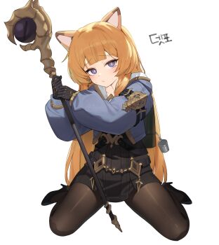 1girl absurdres animal_ears black_gloves black_skirt blonde_hair blue_shirt brown_thighhighs closed_mouth commission frown gloves high_heels highres holding holding_staff long_hair long_sleeves looking_at_viewer nogong original pleated_skirt puffy_long_sleeves puffy_sleeves purple_eyes second-party_source shirt simple_background sitting skirt solo staff thighhighs very_long_hair wariza white_background