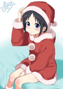 1girl black_hair blue_eyes blush christmas closed_mouth dot_nose feet_out_of_frame female_focus hat hood knees_up kurosaki_honoka long_sleeves looking_at_viewer medium_hair pom_pom_(clothes) santa_costume santa_hat sitting sokuradamaro649 solo translation_request yama_no_susume
