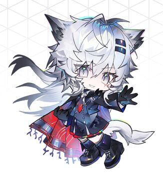 1girl animal_ears arknights black_boots black_cape black_gloves black_skirt boots cape chibi chibi_only commentary_request dot_nose floating_hair full_body gloves grey_eyes grey_hair grin hair_between_eyes hair_ornament hairclip lappland_(arknights) lappland_the_decadenza_(arknights) long_hair long_sleeves looking_at_viewer multicolored_cape outstretched_arm partial_commentary purple_cape red_cape skirt smile solo tail white_tail wolf_ears wolf_girl wolf_tail yeonan