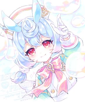 1girl antennae apron blue_hair bow bowtie bubble commentary_request cropped_torso genshin_impact gloves green_shirt hat highres looking_at_viewer nurse_cap pink_bow pink_bowtie red_eyes shirt short_hair short_twintails sigewinne_(genshin_impact) simple_background smile solo thistle_lapis twintails twitter_username upper_body watermark white_apron white_background white_gloves