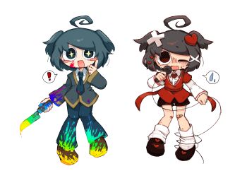 Rule 34 | !, + +, 2boys, :d, ;d, @ @, agpgwm, ahoge, androgynous, arm at side, bandaid, bandaid on knee, bandaid on leg, bare legs, black hair, black shorts, blood on cheek, blue eyes, blue hair, blue necktie, blue pants, blush stickers, bright pupils, brown eyes, brown shoes, brown trim, collared shirt, commentary request, cross, crying, crying with eyes open, deformed, dual persona, full body, grey jacket, hair ornament, hand on own cheek, hand on own face, hand up, handy capper (vocaloid), heart, heart hair ornament, highres, holding, holding knife, holding microphone, huge ahoge, index finger raised, jacket, kneehighs, knees together feet apart, knife, layered sleeves, long sleeves, male focus, menheramen (vocaloid), microphone, multiple boys, necktie, one eye closed, open mouth, original, oyo-kun, paint splatter, pants, pepoyo (style), red shirt, school uniform, shirt, shoes, short hair, short over long sleeves, short shorts, short sleeves, shorts, side-by-side, simple background, smile, socks, spoken exclamation mark, spoken sweatdrop, standing, standing on one leg, straight-on, sweatdrop, swept bangs, tears, tongue, trap, two side up, vocaloid, white background, white shirt, white socks, x hair ornament