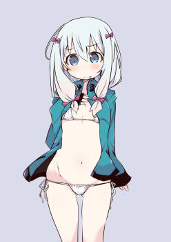 Rule 34 | 10s, 1girl, bikini, bikini under clothes, blush, closed mouth, commentary request, cowboy shot, eromanga sensei, eyeball (artist), female focus, flat chest, green jacket, grey background, hair between eyes, hand on own chest, head tilt, highres, izumi sagiri, jacket, legs apart, long hair, long sleeves, looking afar, micro bikini, navel, open clothes, open jacket, shirogane (platinum), side-tie bikini bottom, simple background, solo, standing, stomach, sweat, swimsuit, track jacket, wavy mouth, white bikini