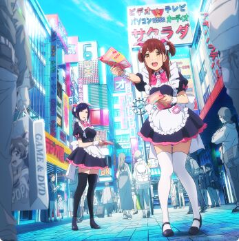 2girls :d akiba_maid_sensou akihabara_(tokyo) animal_ears apron artist_request brown_hair city cityscape cloud eyelashes flyer hair_ornament happy highres key_visual maid maid_apron maid_headdress mannen_ranko medium_hair multiple_girls official_art open_mouth pig_ears promotional_art shoes short_hair sky smile source_request standing thighhighs thighs wahira_nagomi wrist_cuffs yellow_eyes