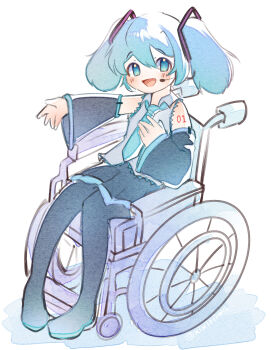Rule 34 | 1girl, absurdres, alternate hair length, alternate hairstyle, blush, hatsune miku, highres, necktie, skirt, solo, twintails, vocaloid, wheelchair, xixiriima