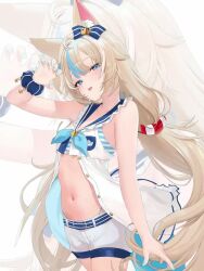 1girl ahoge animal_ear_fluff animal_ears animated aqua_bikini aqua_hair aqua_nails audible_music bikini bikini_bottom_under_shorts bikini_under_clothes blonde_hair blue_bow blue_eyes bow breasts cat_ears claw_pose commentary cowboy_shot dress fang fish_girl frilled_bikini frills hair_bow half-closed_eyes indie_virtual_youtuber lifebuoy_hair_ornament long_hair looking_at_viewer low_twintails lucenttea multicolored_hair navel open_clothes open_dress open_mouth sailor_dress sameko_saba shorts skin_fang small_breasts solo sound stomach streaked_hair striped_bikini striped_clothes swimsuit tagme third-party_edit twintails video virtual_youtuber white_shorts