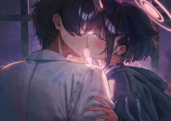 1boy 1girl animal_ears betabeet black_choker black_hair black_jacket blue_archive blush cat_ears cat_girl choker closed_eyes collared_shirt commentary english_commentary extra_ears fireworks from_side halo hand_on_another's_arm highres jacket kazusa_(blue_archive) kiss pink_halo sensei_(blue_archive) shirt short_hair sweat white_shirt