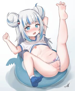 1girl absurdres anus arms_up barefoot blue_eyes blue_hair blue_panties blue_socks blush boppin bow bow_panties cleft_of_venus clenched_hand clothes_lift clothing_aside commentary dot_nose double_bun feet female_focus flat_chest full_body gawr_gura grey_hair hair_bun hair_ornament highres hololive hololive_english leg_up loli looking_at_viewer lying multicolored_hair navel nipples no_pants nose_blush on_back open_mouth panties panties_aside pink_bow pussy shark_hair_ornament sharp_teeth shirt shirt_lift short_sleeves single_bare_foot single_sock socks soles solo streaked_hair striped_clothes striped_panties teeth toes uncensored underwear upper_teeth_only virtual_youtuber white_shirt