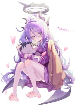 1girl absurdres ahoge aoi_233 barefoot black_halo blue_archive commentary_request demon_girl demon_horns demon_wings halo heart highres hina_(blue_archive) hina_(pajamas)_(blue_archive) horns jacket long_hair looking_at_viewer low_wings pajamas pink_pajamas polka_dot polka_dot_pajamas purple_eyes simple_background sitting soles solo very_long_hair white_background white_hair wings yellow_jacket