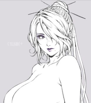 1girl bare_shoulders braid breasts cleavage eyeshadow final_fantasy final_fantasy_x hair_bun hair_ornament hair_over_one_eye hair_stick huge_breasts lipstick lulu_(ff10) makeup mole mole_under_mouth multiple_braids nude solo yiiande