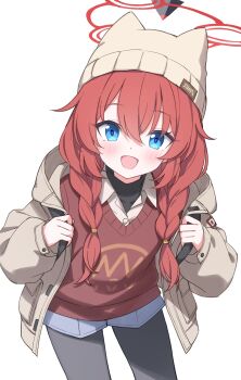 1girl :d absurdres animal_ear_headwear beanie black_pantyhose black_shirt blue_archive blue_eyes blue_shorts blush braid braided_twintails brown_coat brown_hat buttons chinese_commentary coat collared_shirt commentary_request cowboy_shot fake_animal_ears hair_between_eyes halo hat highres holding_strap hood hood_down hooded_coat jyt leaning_forward long_hair long_sleeves looking_at_viewer maki_(blue_archive) maki_(camp)_(blue_archive) making-of_available official_alternate_costume official_alternate_hairstyle open_clothes open_coat open_mouth painttool_sai_(medium) pantyhose pocket puffy_long_sleeves puffy_sleeves red_hair red_halo red_sweater shirt short_shorts shorts simple_background smile solo sweater turtleneck turtleneck_shirt twin_braids twintails white_background white_shirt