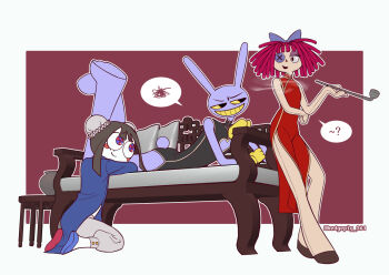 1boy 2girls ? blue_eyes brown_hair closed_mouth colored_skin colored_teeth commentary couch crossdressing crossdressing_(mtf) elbow_rest english_commentary hedgepig_361 highres holding holding_smoking_pipe jax_(the_amazing_digital_circus) legs_up looking_at_another looking_to_the_side looking_up multicolored_eyes multiple_girls on_couch open_mouth pomni_(the_amazing_digital_circus) purple_hair purple_skin ragatha_(the_amazing_digital_circus) red_background red_eyes smile smoking_pipe speech_bubble table talking the_amazing_digital_circus two-tone_eyes vase white_background yellow_eyes yellow_teeth