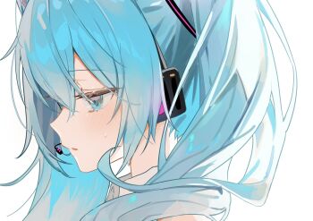 Rule 34 | 1girl, black hair, blue eyes, collared shirt, commentary request, from side, grey shirt, hair between eyes, hair ornament, hatsune miku, highres, light blush, long hair, looking down, luna (luna610), microphone, parted lips, shirt, simple background, sleeveless, sleeveless shirt, solo, sweatdrop, twintails, vocaloid, white background