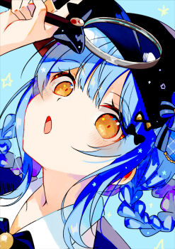 1girl :o black_hat blue_background blue_hair braid braided_hair_rings hair_rings hat highres holding holding_magnifying_glass looking_at_viewer magnifying_glass mahou_shoujo_no_majo_saiban open_mouth portrait short_hair solo tachibana_sherry uminekoritorubasuta-zu yellow_eyes