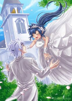 Rule 34 | 1boy, 1girl, alternate costume, blue hair, bride, church, church bell, closed eyes, day, dress, galaxy angel, genderswap, genderswap (mtf), groom, highres, husband and wife, kitaru, lester coolduras, long hair, open mouth, ponytail, short hair, smile, takuto meyers, white dress