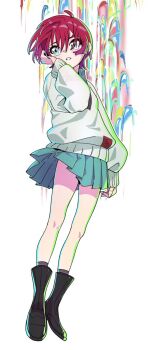 1girl amate_yuzuriha aqua_eyes boots commentary_request full_body gundam gundam_gquuuuuux highres looking_to_the_side necktie nukosann parted_lips red_hair school_uniform short_hair skirt solo sweater