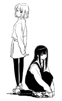 2girls dress greyscale gujou_kanade highres kamiina_botan_yoeru_sugata_wa_yuri_no_hana long_hair long_sleeves monochrome multiple_girls nazo_no_anime-dan pantyhose pinafore_dress shadow shirt shoes short_hair skirt sleeveless sleeveless_dress squatting standing tonami_ibuki