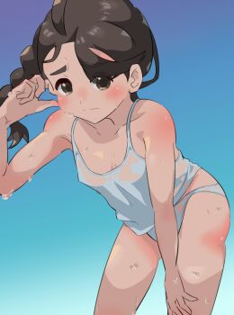1girl absurdres adjusting_hair ahoge armpit_crease artist_request bare_arms bent_over blush braid brown_eyes brown_hair camisole collarbone curled_fingers embarrassed eyelashes female_focus flat_chest hand_on_own_thigh highres juliana_(pokemon) legs loli long_hair looking_at_viewer matching_hair/eyes matching_underwear midriff missing_headwear neck nintendo outdoors panties pokemon pokemon_sv public_indecency shiny_skin side_braid sky thick_eyebrows thighs underwear variant_set water_drop wet wet_camisole wet_clothes wet_panties white_camisole white_panties