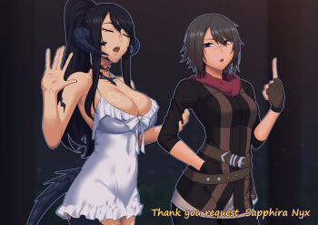 2girls armpits au_ra belt black_hair breasts brown_eyes brown_gloves cleavage closed_eyes commentary commission dragon_horns dragon_tail dress dyun english_commentary final_fantasy final_fantasy_xiv fingerless_gloves from_side gloves hair_between_eyes hand_in_pocket highres holding_another's_arm horns large_breasts long_hair medium_breasts multiple_girls open_mouth original ponytail sapphira_nyx scales scar scar_on_face scar_on_nose second-party_source short_hair tail warrior_of_light_(ff14) white_dress