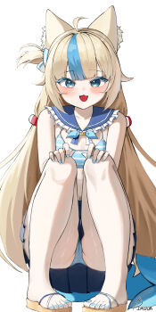 1girl absurdres ahoge animal_ear_fluff animal_ears artist_name blonde_hair blue_eyes blue_nails blue_panties blue_sailor_collar blue_skirt blue_streaks blush bra cameltoe dimdor frilled_sailor_collar frills full_body highres indie_virtual_youtuber long_hair looking_at_viewer miniskirt multicolored_hair nail_polish navel no_shirt open_mouth panties pigeon-toed pleated_skirt sailor_collar sameko_saba simple_background skirt smile solo squatting straight-on streaked_hair striped_bra striped_clothes toenail_polish toenails underwear very_long_hair virtual_youtuber white_background