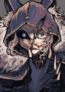 1boy animal_ear_hood blonde_hair blood blue_eyes broken_mask cape claws colored_eyelashes fake_animal_ears fingerless_gloves fur-trimmed_cape fur_trim gloves glowing glowing_eyes hollow_eyes hood hood_up identity_v injury ithaqua_(identity_v) male_focus mask nosebleed parted_lips portrait satou_saori short_twintails solo torn_clothes twintails wavy_hair white_eyelashes wide-eyed