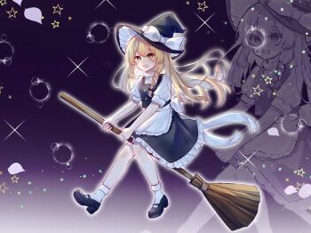 1girl :d absurdres apron back_bow black_background black_bow black_hat black_shoes black_skirt black_vest bow braid broom broom_riding full_body gradient_background hair_bow hat hat_bow hat_ribbon highres kirisame_marisa long_hair looking_at_viewer mary_janes miyariii open_mouth puffy_short_sleeves puffy_sleeves ribbon shirt shoes short_sleeves side_braid single_braid skirt smile socks solo star_(symbol) touhou vest waist_apron white_apron white_background white_bow white_ribbon white_shirt white_socks witch_hat yellow_eyes