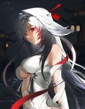 1girl absurdres armlet artist_name bare_shoulders blurry blurry_background breasts china_dress chinese_clothes closed_mouth clover clover_hair_ornament commentary dress droopy_ears elfe_art english_commentary from_side hair_intakes hair_ornament hairband highres jewelry lantern long_hair looking_at_viewer medium_breasts multicolored_hair night outdoors paper_lantern red_eyes red_ribbon ribbon see-through_clothes shadow silver_armlet sky solo star_(sky) starry_sky tassel upper_body very_long_hair white_dress white_hair white_hairband ye_shunguang zenless_zone_zero