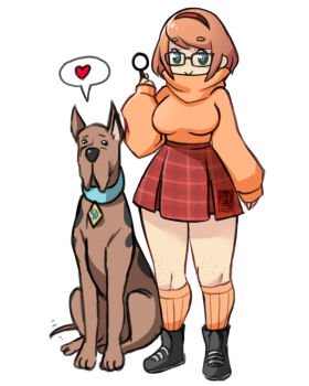 1boy 1girl animal black_eyes black_footwear blue_eyes body_freckles breasts brown_hair cartoon_network collar dog ears el_quijote freckles freckles_on_legs full_body green_eyes hanna-barbera heart highres large_breasts long_sleeves looking_at_viewer magnifying_glass no_nose orange_socks orange_sweater puffy_sleeves red_skirt scooby-doo scooby-doo_(character) sitting skirt smile socks speech_bubble striped_clothes striped_skirt sweat sweater tail thick_thighs thighs turtleneck turtleneck_sweater velma_dinkley white_background
