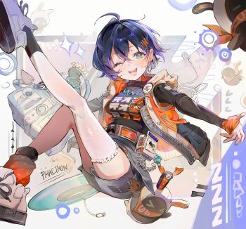 1girl abstract_background absurdres ahoge bag bangboo_(zenless_zone_zero) belle_(zenless_zone_zero) black_shirt blue_eyes blue_hair blush bracelet breasts cd commentary_request copyright_name crossed_bangs earclip earrings english_text grey_skirt hair_between_eyes hair_ornament highres jewelry leg_up letter_hair_ornament looking_at_viewer medium_breasts necklace one_eye_closed open_clothes open_mouth print_shirt qqkkay shirt shirt_tucked_in shoes short_hair single_earring single_thighhigh skirt solo_focus sparkle thighhighs white_shoes white_thighhighs zenless_zone_zero