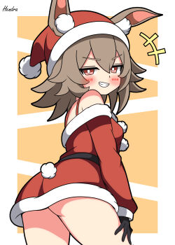 +++ 1girl absurdres animal_ear_fluff animal_ears arknights artist_name ass black_gloves blush breasts brown_hair caper_(arknights) commentary_request dress fur-trimmed_headwear fur_trim gloves grin hat hendra highres long_sleeves looking_at_viewer off-shoulder_dress off_shoulder orange_background parted_lips pom_pom_hat_ornament rabbit_ears rabbit_girl red_dress red_eyes red_hat santa_costume santa_dress santa_hat simple_background small_breasts smile solo v-shaped_eyebrows