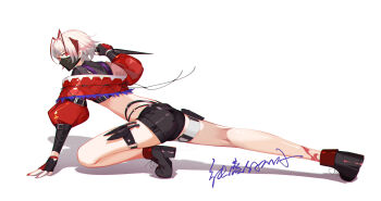 Rule 34 | 1girl, absurdres, arknights, arm support, ass, black boots, black gloves, black shirt, black shorts, boots, chunlansama, commentary request, crop top, dagger, delta force (video game), fingerless gloves, from side, full body, gloves, hair between eyes, high heel boots, high heels, highres, holding, holding dagger, holding knife, holding weapon, knife, long sleeves, looking to the side, mask, mouth mask, puffy long sleeves, puffy sleeves, red eyes, shadow, shirt, short shorts, shorts, signature, simple background, solo, w (arknights), weapon, white background, white hair, wis'adel (arknights), xiaowen mai (delta force)