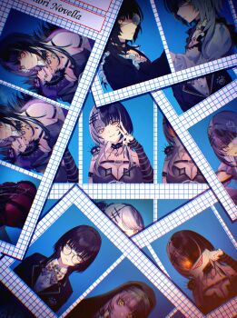 1girl absurdres alternate_costume belt bespectacled black_belt black_choker black_dress black_hair black_jacket black_nails blazer bow bowtie breasts character_name chest_belt choker closed_mouth coif collared_shirt commentary dress dress_shirt duplicate expressionless eyepatch eyes_in_shadow glasses glowing glowing_eye goth_fashion grey_hair grin hair_ornament higeji_(higeji404) highres holding holding_paper hololive hololive_english jacket jewelry large_breasts long_hair looking_at_viewer medical_eyepatch multicolored_hair nail_polish nun official_alternate_costume one_eye_covered paper pendant_choker photo_(object) plaid_bow plaid_bowtie plaid_clothes red_dress ring school_uniform shiori_novella shiori_novella_(1st_costume) shiori_novella_(casual) shirt smile split-color_hair striped_arm_warmers symbol-only_commentary two-tone_hair v very_long_fingernails virtual_youtuber white_shirt yellow_eyes yorick_(shiori_novella)