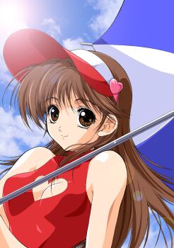 1990s_(style) 1girl blouse breasts cleavage female_focus future_gpx_cyber_formula heart highres race_queen red_shirt retro_artstyle shirt solo sugou_asuka suzuhira_hiro umbrella visor visor_cap