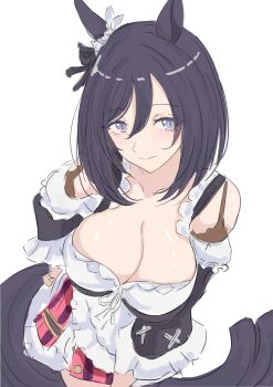 1girl absurdres animal_ears apron black_hair black_sleeves blue_eyes blush bob_cut breasts cleavage closed_mouth collarbone commentary_request detached_sleeves dirndl ear_ornament ear_scrunchie eishin_flash_(meisterschaft)_(umamusume) eishin_flash_(umamusume) german_clothes hair_between_eyes highres horse_ears horse_girl horse_tail ken_(shutenndouji1) large_breasts long_sleeves looking_at_viewer red_skirt scrunchie shirt short_hair simple_background skirt smile solo striped_clothes striped_skirt swept_bangs tail umamusume vertical-striped_clothes vertical-striped_skirt white_apron white_background white_scrunchie white_shirt