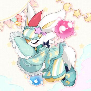 1other adversarial_noise animal_ears animal_nose artist_name bedtime blue_pajamas blue_shirt blue_slippers blush body_fur cinderace cinderace_(bedtime) closed_eyes closed_mouth clothed_pokemon commentary_request crescent crescent_print detached_sleeves eye_mask full_body furry gen_7_pokemon gen_8_pokemon happy holding holding_pillow hugging_object long_sleeves mask mask_on_head minior minior_(blue_core) minior_(core) minior_(red_core) multicolored_shorts nintendo other_focus outline pajamas pillow pillow_hug pokemon pokemon_(creature) pokemon_unite rabbit_ears rabbit_tail red_hair shirt short_hair shorts signature sleeping sleeveless sleeveless_shirt slippers smile sok_(mr14_c) solo_focus star_(symbol) star_print string_of_flags striped_clothes striped_shorts tail twitter_username u_u white_fur white_outline zzz