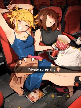 2girls absurdres ankle_monitor armpits arms_up barefoot blonde_hair blue_dress blunt_bangs blush boku_no_hero_academia breasts brown_hair can closed_eyes cup disposable_cup double_bun dress drinking_straw drooling english_text feet food grin hair_bun highres khyle. large_breasts medium_breasts medium_hair messy_hair multiple_girls no_eyes open_mouth panties popcorn red_panties sitting skirt smile suggestive_fluid teeth toes toga_himiko underwear upper_teeth_only uraraka_ochako