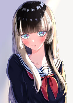 1girl black_hair blonde_hair blue_eyes blue_shirt closed_mouth commentary highres hololive hololive_dev_is juufuutei_raden long_hair looking_at_viewer multicolored_hair neckerchief red_neckerchief sailor_collar school_uniform serafuku shirt solo suzuka_(suzukawu) two-tone_hair upper_body virtual_youtuber white_sailor_collar