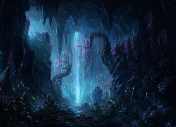 cave_interior commentary coral english_commentary glowing_plants highres jjcanvas landscape mushroom nature no_humans original painterly plant rock scenery stalagmite tree vines