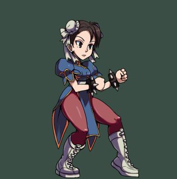 Rule 34 | 1girl, alex ahad (style), boots, bracelet, breasts, brown eyes, brown hair, brown pantyhose, capcom, chinese clothes, chun-li, clenched hand, double bun, drawfag, earrings, female focus, fighting stance, green background, hair bun, hair ornament, hair ribbon, jewelry, pantyhose, parody, puffy short sleeves, puffy sleeves, ribbon, short sleeves, simple background, skullgirls, solo, street fighter, studded bracelet, style parody, thick thighs, thighs, white boots