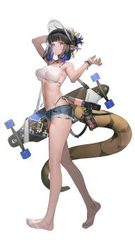 1girl absurdres alternate_costume arknights arm_up bare_arms bare_legs bare_shoulders barefoot bikini bikini_bottom_under_shorts bikini_under_clothes black_hair blue_eyes blunt_bangs bracelet breasts chinese_commentary commentary_request cutoffs denim denim_shorts eunectes_(arknights) from_side full_body hair_tie hand_up hat highres jewelry large_breasts liduke looking_at_viewer micro_shorts multiple_bracelets navel pointy_ears short_hair shorts side-tie_bikini_bottom simple_background skateboard skindentation snake_girl snake_tail solo standing stomach swimsuit tail tan tanline third-party_source toes tying_hair underboob visor_cap white_background