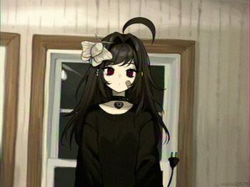 1girl ahoge animal animal_on_head artist_name bandaid bandaid_on_cheek bandaid_on_face black_choker black_sweater blurry brown_hair bug cable cable_tail choker closed_mouth commentary electric_plug electric_plug_tail film_grain hair_intakes i_feel_fantastic indoors insect long_hair long_sleeves looking_at_viewer mechanical_tail moth on_head original red_eyes solo sweater tail upper_body vickie_(cryingrobot) vickie_(cryingrobot)_(character) window