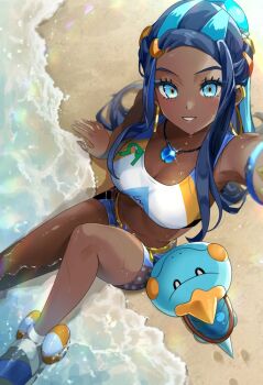 1girl armlet armpits beach bikini black_hair blue_eyes blue_hair blush breasts chewtle cleavage commentary crop_top dark-skinned_female dark_skin earrings from_above gen_8_pokemon hair_bun hoop_earrings jewelry large_breasts long_hair looking_at_viewer looking_down multicolored_hair navel necklace nessa_(pokemon) nintendo parted_lips pokemon pokemon_(creature) pokemon_swsh setta_shu shorts single_hair_bun sitting smile swimsuit symbol-only_commentary tankini two-tone_hair water wet