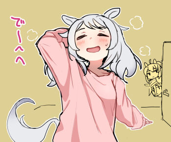 3girls alternate_costume animal_ears blush brown_background closed_eyes commentary_request dantsu_flame_(umamusume) door hishi_miracle_(umamusume) horse_ears horse_girl horse_tail long_sleeves looking_at_another multiple_girls no_reason_(umamusume) open_mouth pink_shirt shirt smile tail tsukusawa_(tukunesour) umamusume