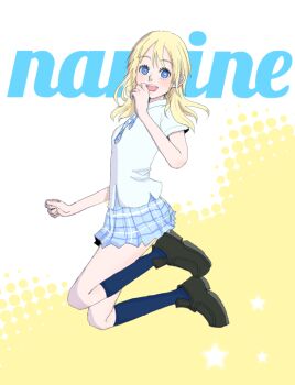 1girl :d alternate_costume blonde_hair blue_eyes blue_necktie blue_skirt full_body kingdom_hearts kingdom_hearts_ii long_hair looking_at_viewer namine necktie ningen_kuzu open_mouth school_uniform skirt smile solo